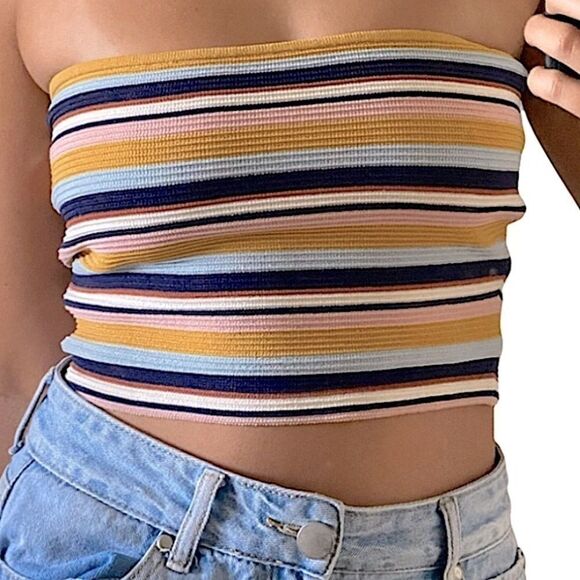 LA Hearts Ribbed Pac Sun Tube Crop striped merigold yellow blue top XS - Picture 1 of 10